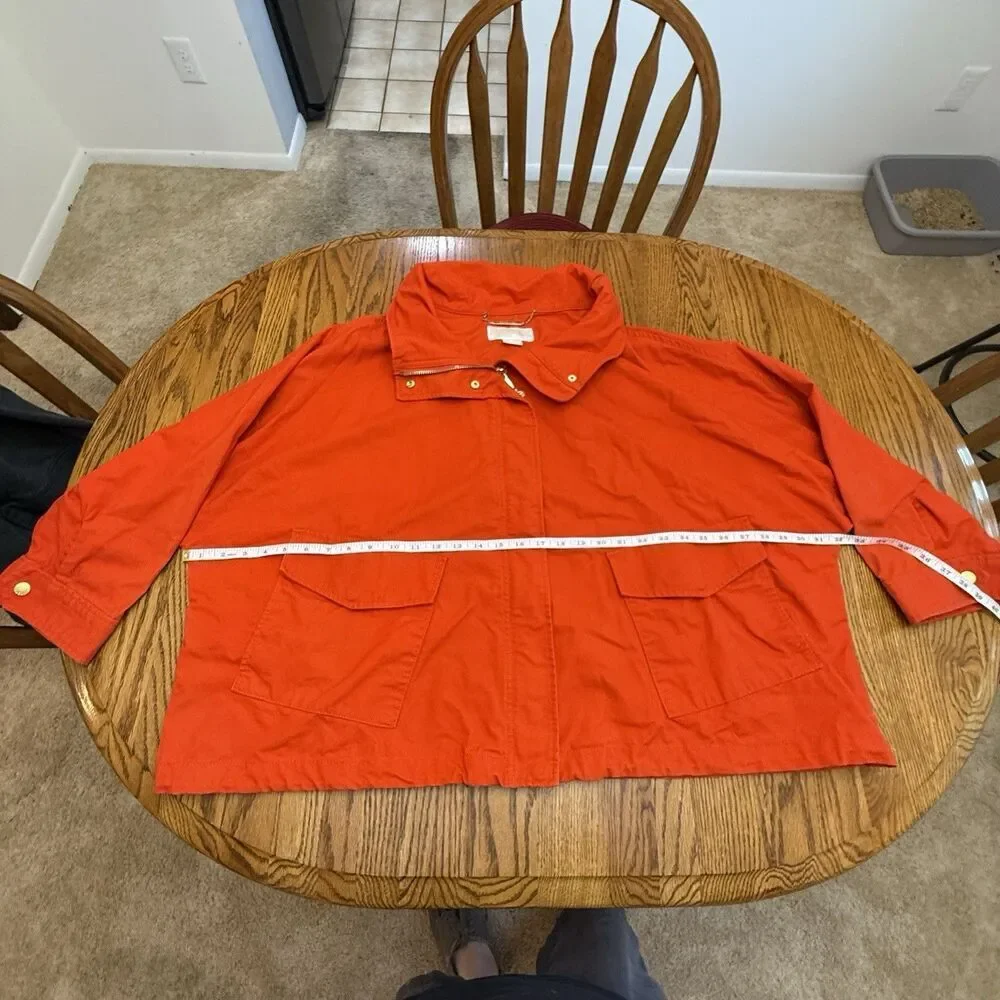 Michael Kors Womens Cropped Canvas Jacket 3X Bright Orange Zip Front Cotton